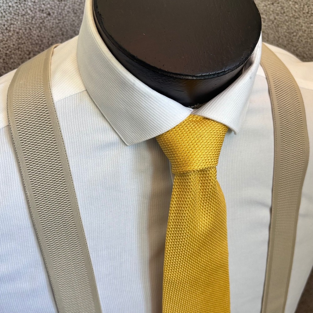 Trafalgar Suspenders Mens OS Beige Leather Trim Gold Tone Clips Old Money
